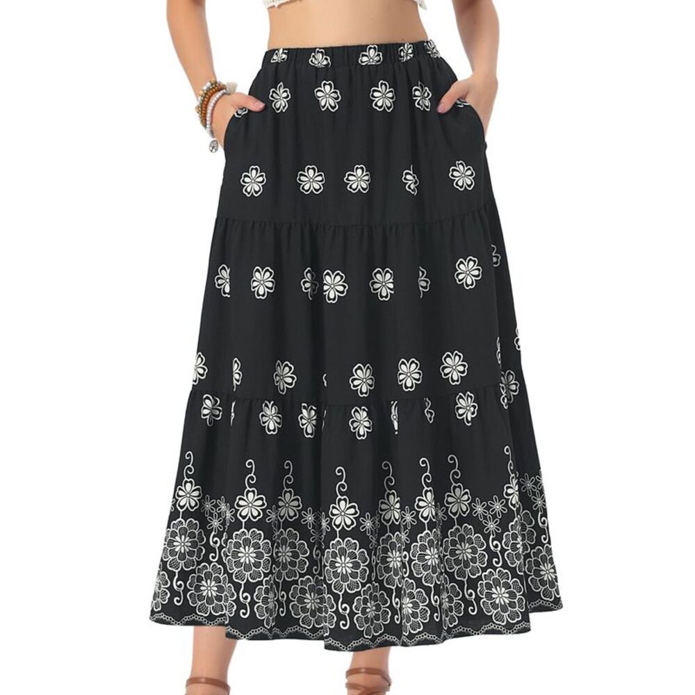 Women Ruffle A Line Elastic Waist Skirts Printed Maxi Skirt Black